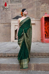 Bottle Green Pure Khaddi Georgette Saree With Antique Booti Work